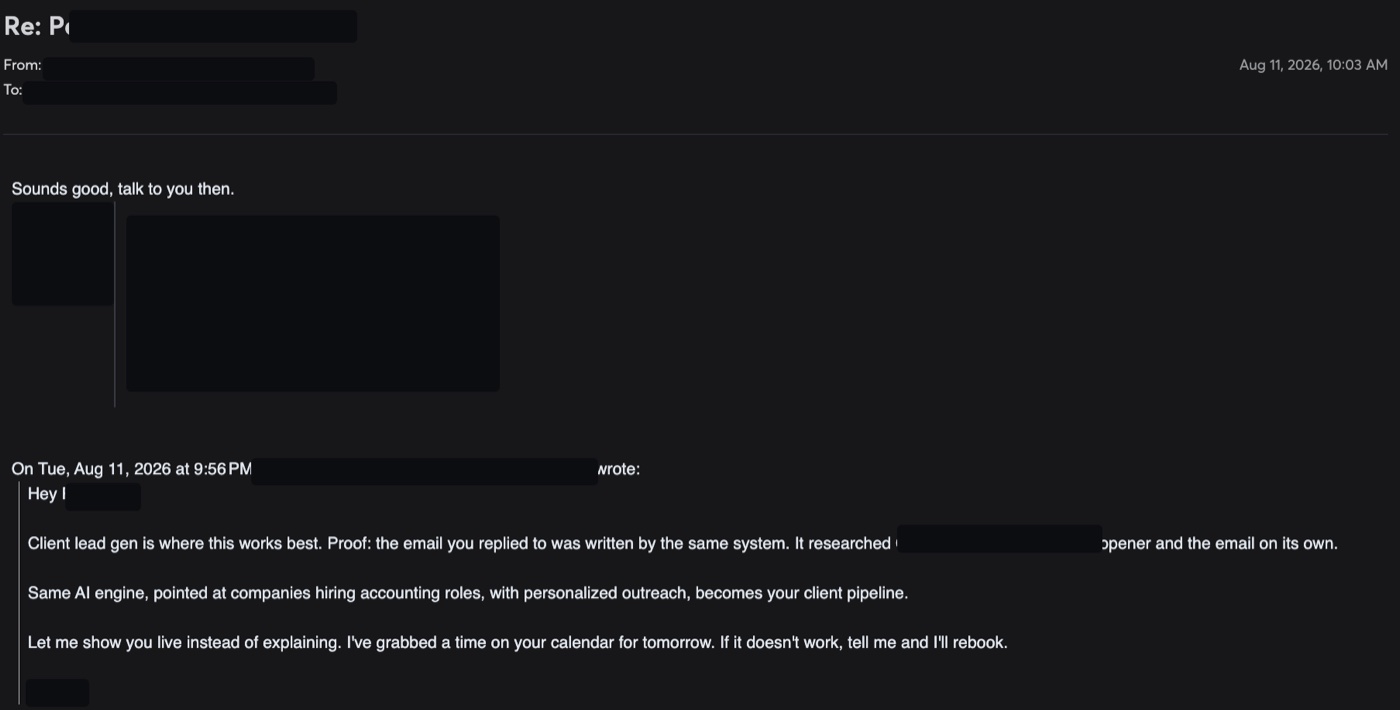 Redacted email thread: the prospect confirming the meeting after learning the email was machine-written
