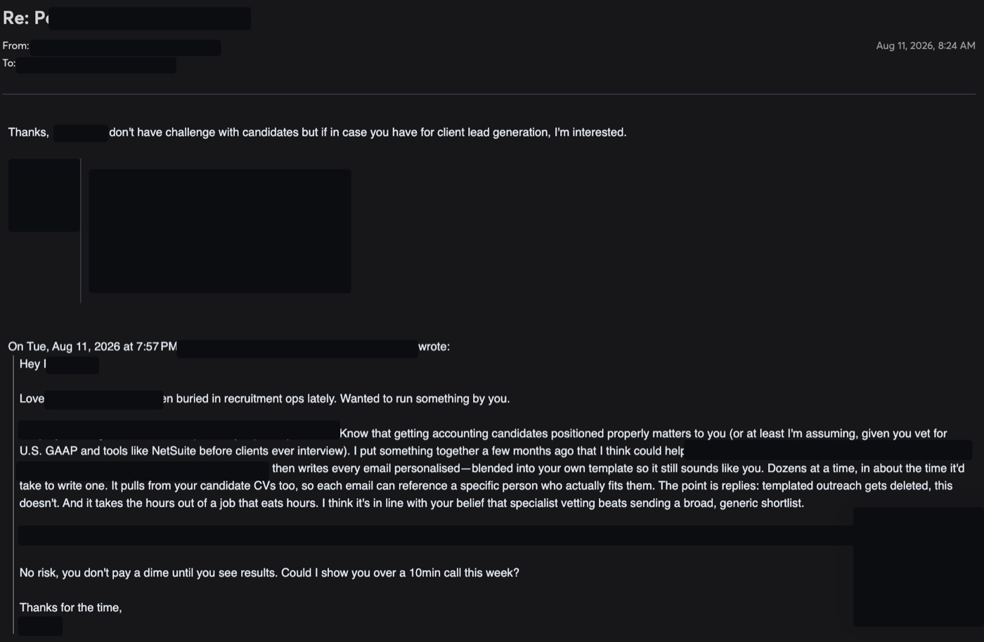 Redacted email thread: a recruiting agency replying 'I'm interested' to a personalized cold email, with the engine-written email quoted beneath