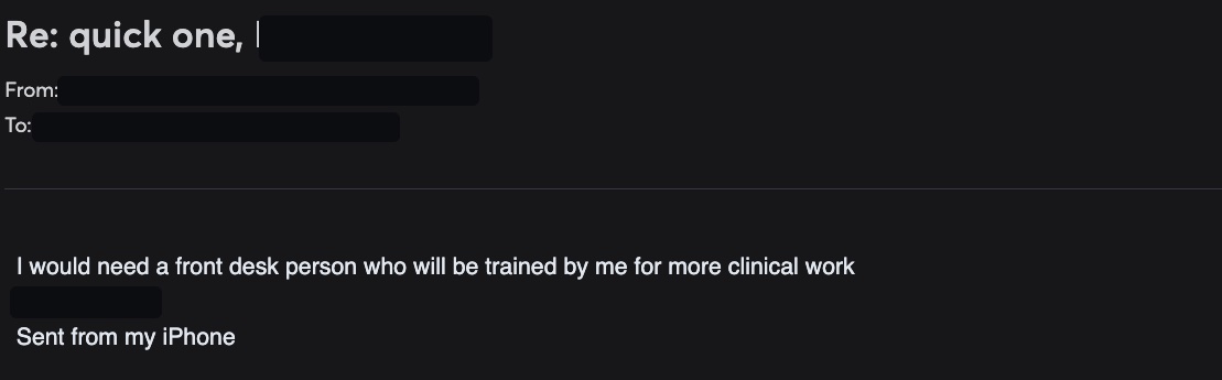 Redacted email reply describing a role they need to hire for
