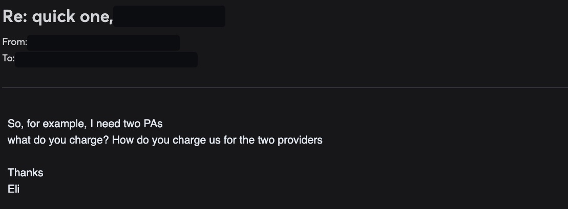 Redacted email reply asking what we charge for two provider roles