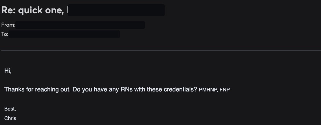 Redacted email reply asking for candidates with specific clinical credentials