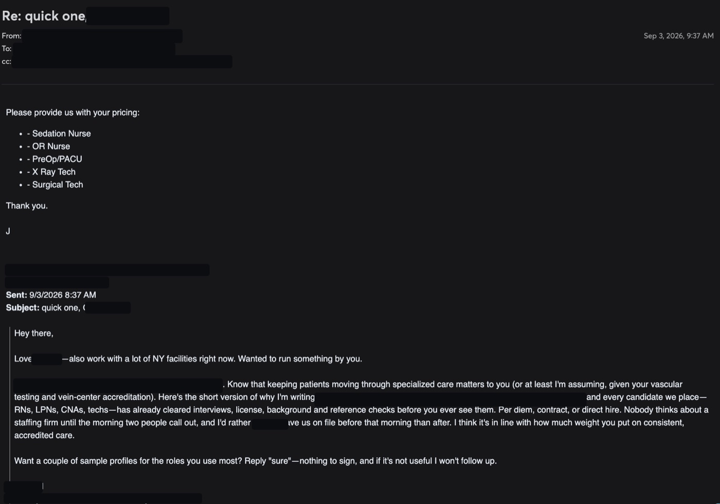 Redacted email reply asking for pricing on five clinical roles, with the personalized opener that started the thread quoted beneath